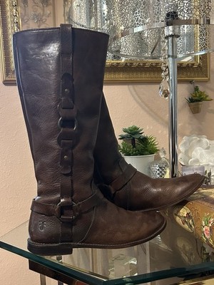 Frye Dark Paige Tall Harness Brown Leather Riding Boots Size 8.5