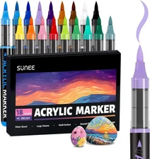 SUNEE Acrylic Paint Markers Brush Tip, 18 Colors Acrylic Markers with Automatic 