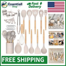 33-Piece Non-Stick Silicone Utensil Set with Wooden Handles  Holder - Khaki