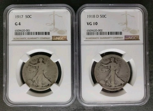 1917 and 1918 D 50c Walking Liberty Silver Half Dollars NGC G4 and VG10
