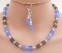 Schmuckset Halskette Ohrringe WüRfel Blau Grau Glas Crash Ab Strass Klar 423G