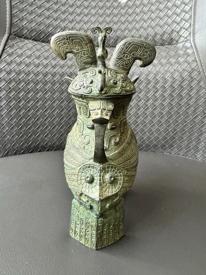 Ancient Chinese Bronze Owl Zun Replica, c.1200 BC Ritual Vessel 6in - Image 3 of 4