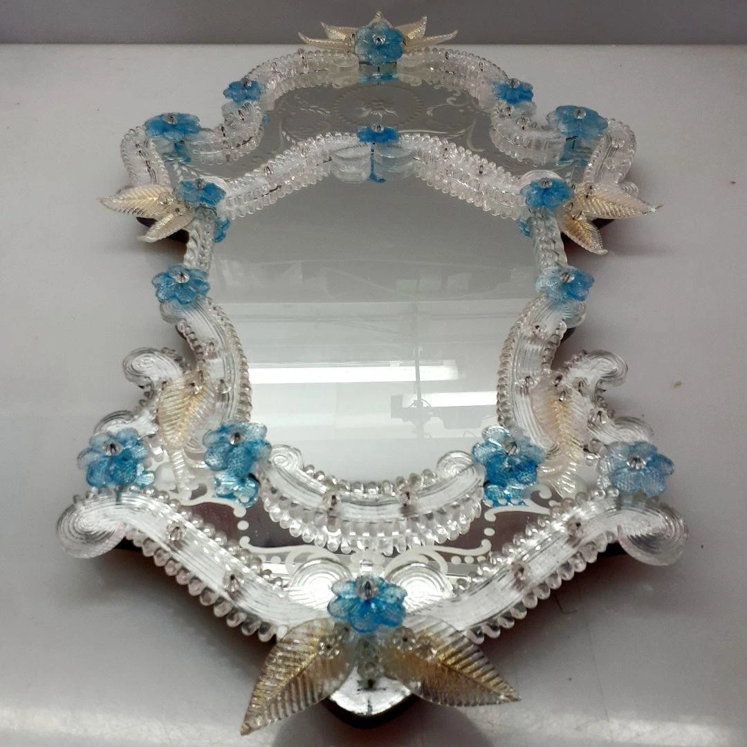 MURANO 73cm ムラノ 大型 ブルー 花飾り ウォールミラー 壁面 鏡 Murano Mirror In Antique Mirrors for sale | eBay