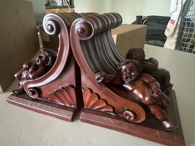 Vintage Cherub Bookends Resin Wood Look Decorative Angel Putti Book Ends
