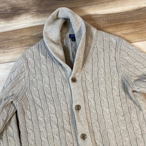 J.Crew Cardigan Mens M Cable Knit Lambswool Cashmere Shawl Collar Beige Heritage