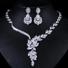 Bridal Pageant Leaf Drop Cluster Necklace Earrings CZ Silver Plated Jewelry Set
