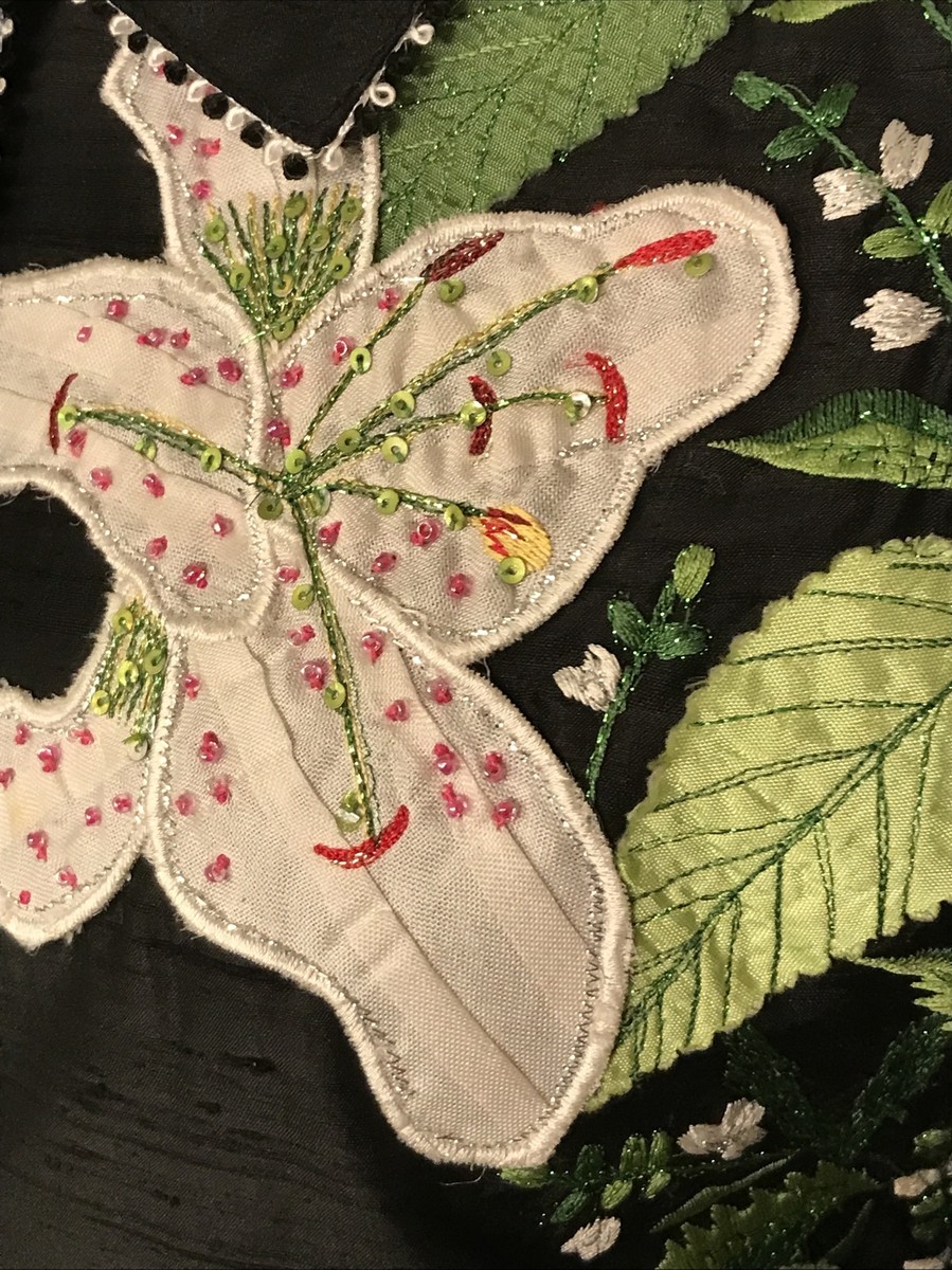 Vintage ANAGE 100% Silk Beaded Embroidered Floral Jacket BLACK