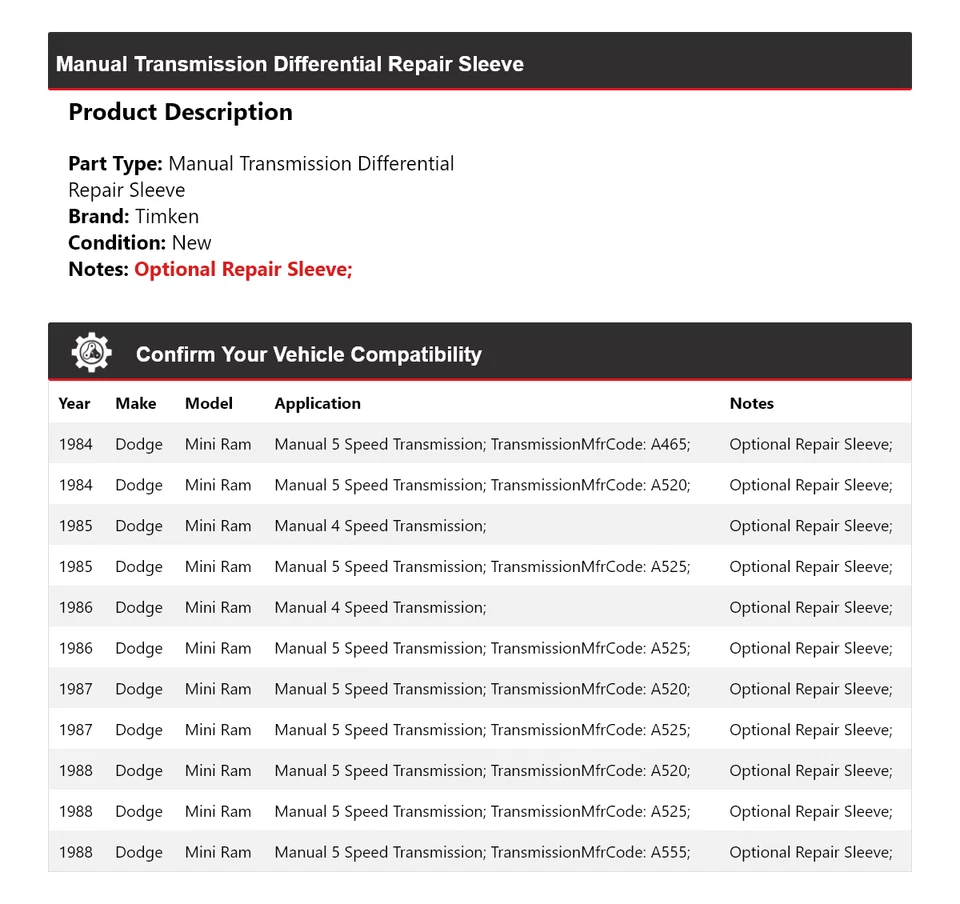 For 1984-1988 Dodge Mini Ram Manual Trans Differential Repair Sleeve Timken 1985 - Imagem 2 de 4