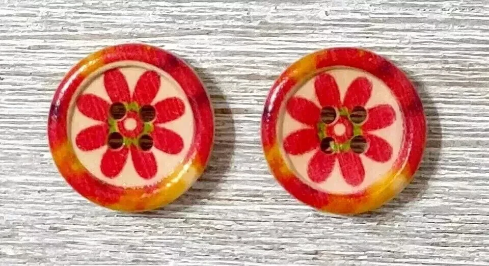 flower boho wood buttons sewing 4 holes 3/4 inch orange red 2pc - Image 2 of 2