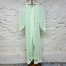Vtg 50s 60s Sheer Chiffon Lace Peignoir Nightgown Green Robe Cape Trad Floral