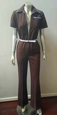 70S BROWN TRUE VTG WHITE TRIM FLARE LEGS HIPPY JUMPSUIT BOHO FESTIVAL DISCO sz M