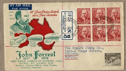 Australia 1949 WW Forrest Block 6 Uprated to 2/- Registered FDC Cover to Canada