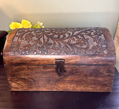 Target Carved Wood Decorative Storage Box w/ Lid, Brown Floral 12 x 6.5''