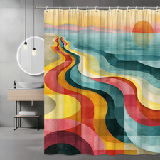 Abstract Sunset Beach Shower Curtain, Ocean Landscape Print