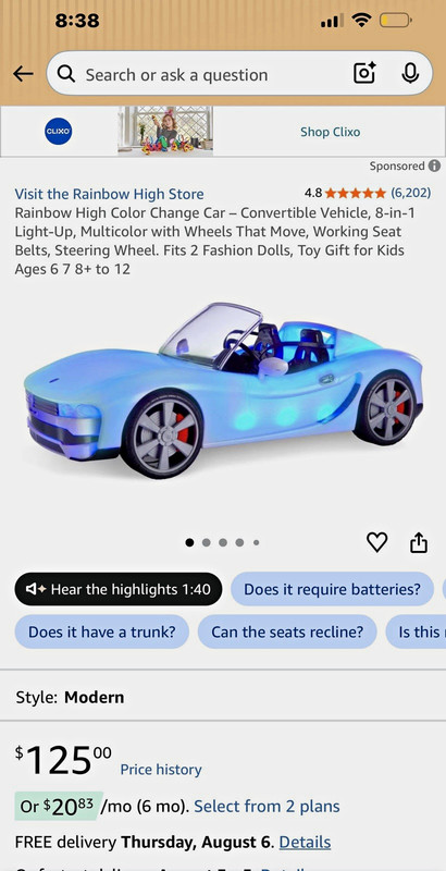 Rainbow High  Color Change Light-Up Multicolor Convertible Car, Barbie Car