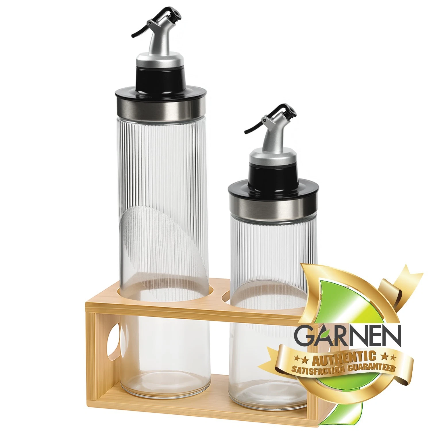 Garnen Oil and Vinegar Dispenser Set Glass Oil Dispenser for Kitchen+Wooden Rack