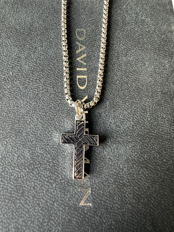 Collar David Yurman Plata 925 Cruz Amuleto Colgante Pavé Diamante Negro 21" Foto 3 de 4