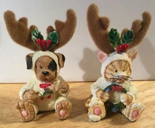 Vintage Christmas Dog Cat In Reindeer Costumes Figurines