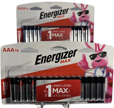 2x Energizer Max Alkaline AAA Batteries - Pack of 16 (32 Total) - Sealed New!