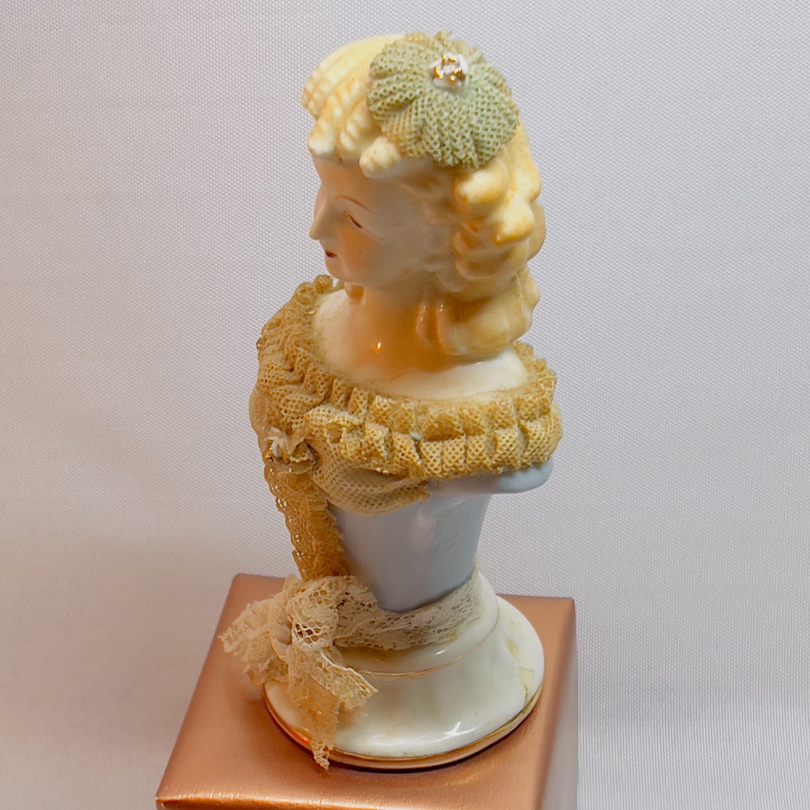 Vintage Porcelain Lace Figurine Bust Hand Painted Victorian Lady Gold