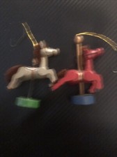 Two Leaping Carousel Wood Carved Rocking Horse Ornaments 3.5" tall