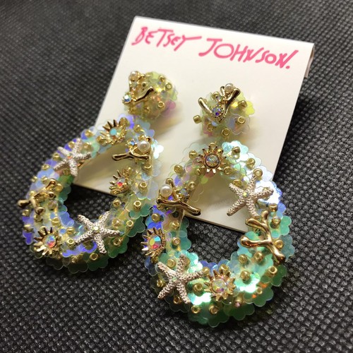 BETSEY JOHNSON Earrings Sealife Starfish Dangle Statement White Green Jewelry - Picture 3 of 9