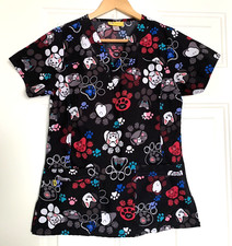 WonderWink Women s XS Scrub Top Nurse Vet Tech Dogs Multicolor on Black