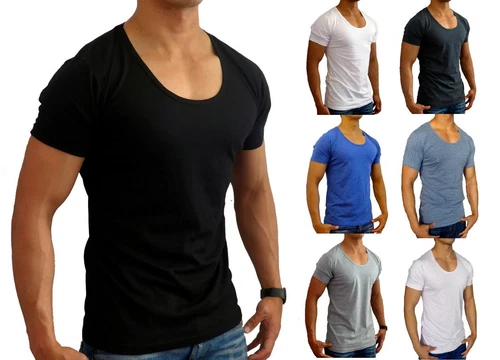 NEW MENS PLAIN DEEP SCOOP T SHIRT SLIM FIT S - XXL EURO CASUAL MUSCLE FASHION