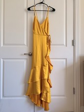 Yellow Satin Ruffle Hi-Low Strappy Layered A-Line Dress for Women