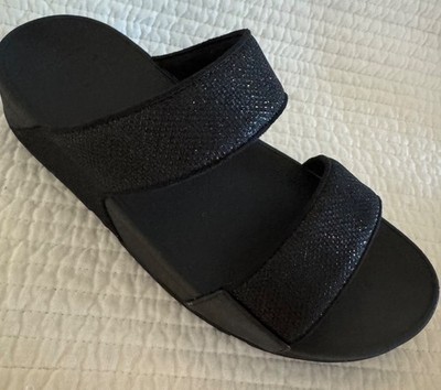 FITFLOP LULU SHIMMERGLITZ TWO BAR SLIDES BLACK Size 8