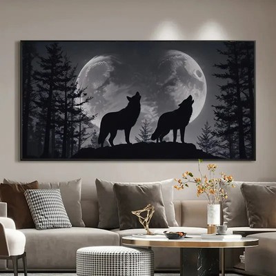 Abstract Wolf Pack in Double Moon Forest Unframed Canvas Painting for Living
