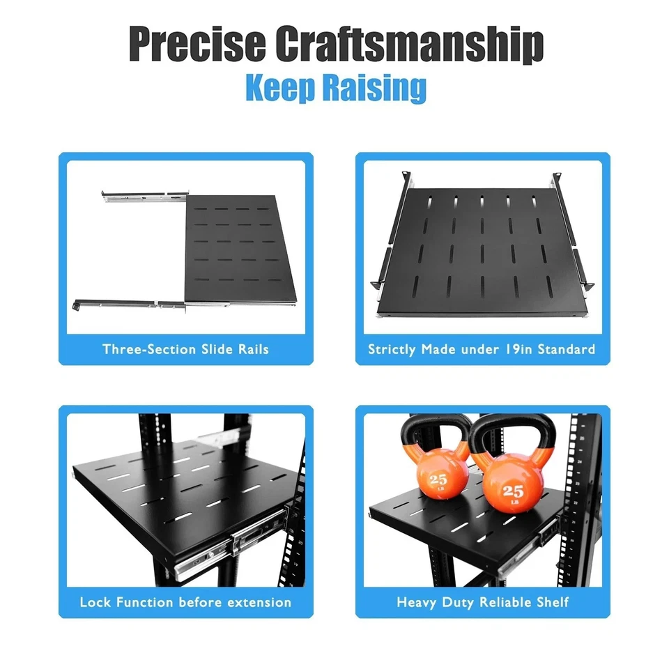 Sliding Rack Server Shelf For Rack 1U 19" 4 Post Rack Mount-Adjustable 15"-22" - Image 4 of 4