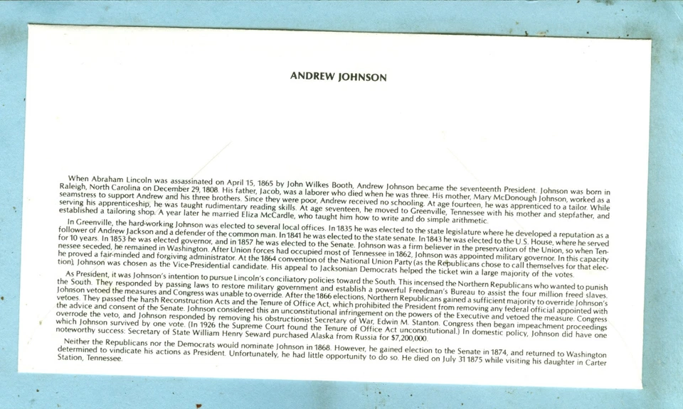 Scott 2217H ARTMASTER FDC, Presidential Series, "Andrew Johnson".... - Image 3 of 3