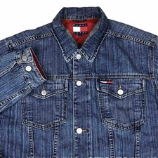 VTG Y2K Tommy Jeans Denim Jacket Mens Large Trucker Red Lining 05/2001 DEADSTOCK