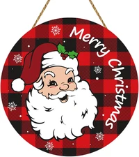 Christmas Door Decorations Santa Claus Decor Merry Christmas Sign Buffalo Plaid 