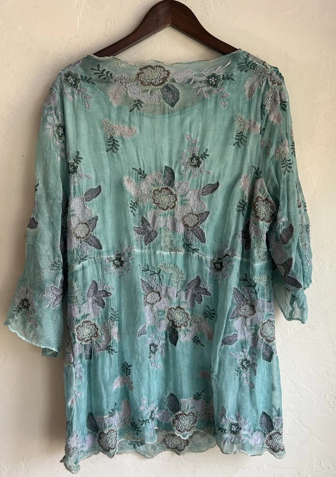 Soft Surroundings Embroidered Silk Tunic Top XL Petite Metallic Floral Fairy - Image 2 of 4
