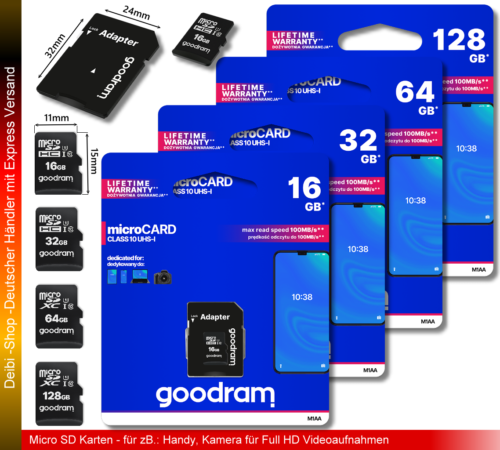 Micro SD Speicher Karte Class 10 MicroSDHC 4GB 8GB 16GB 32GB 64GB 128GB Goodram - Bild 1 von 27