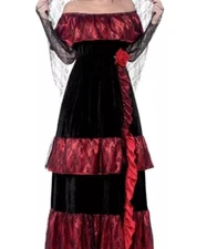 Smiffeys Dress Spanish Style XL Red Satin Velvet Black Lace Arm
