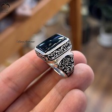 Black Yemeni Aqeeq Ring Natural Agate Men’s Unique Design Handmade