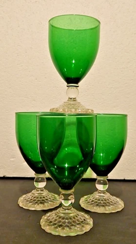 Bubble Foot Green Anchor Hocking Water / Wine Glass Goblet 4.5" Set of 4.  #262