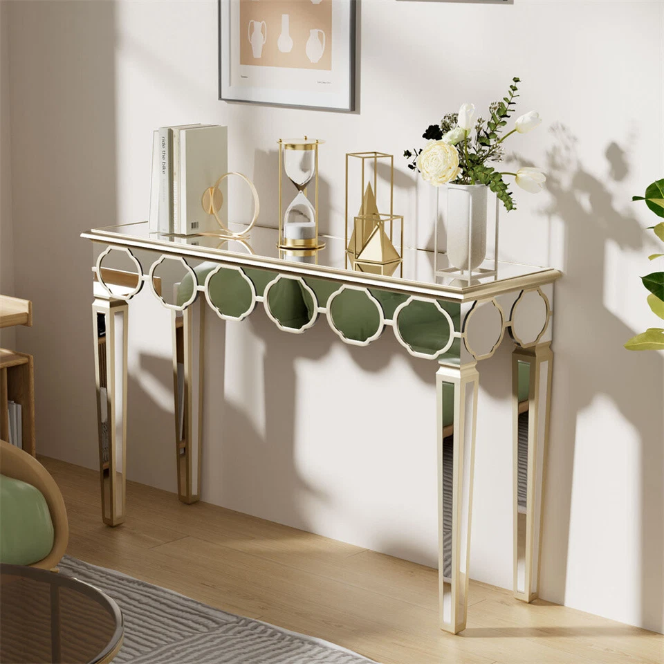 Extra Long Silver Mirror Entryway Console Table Lantern Pattern Gold Rim Decor - Image 2 of 4