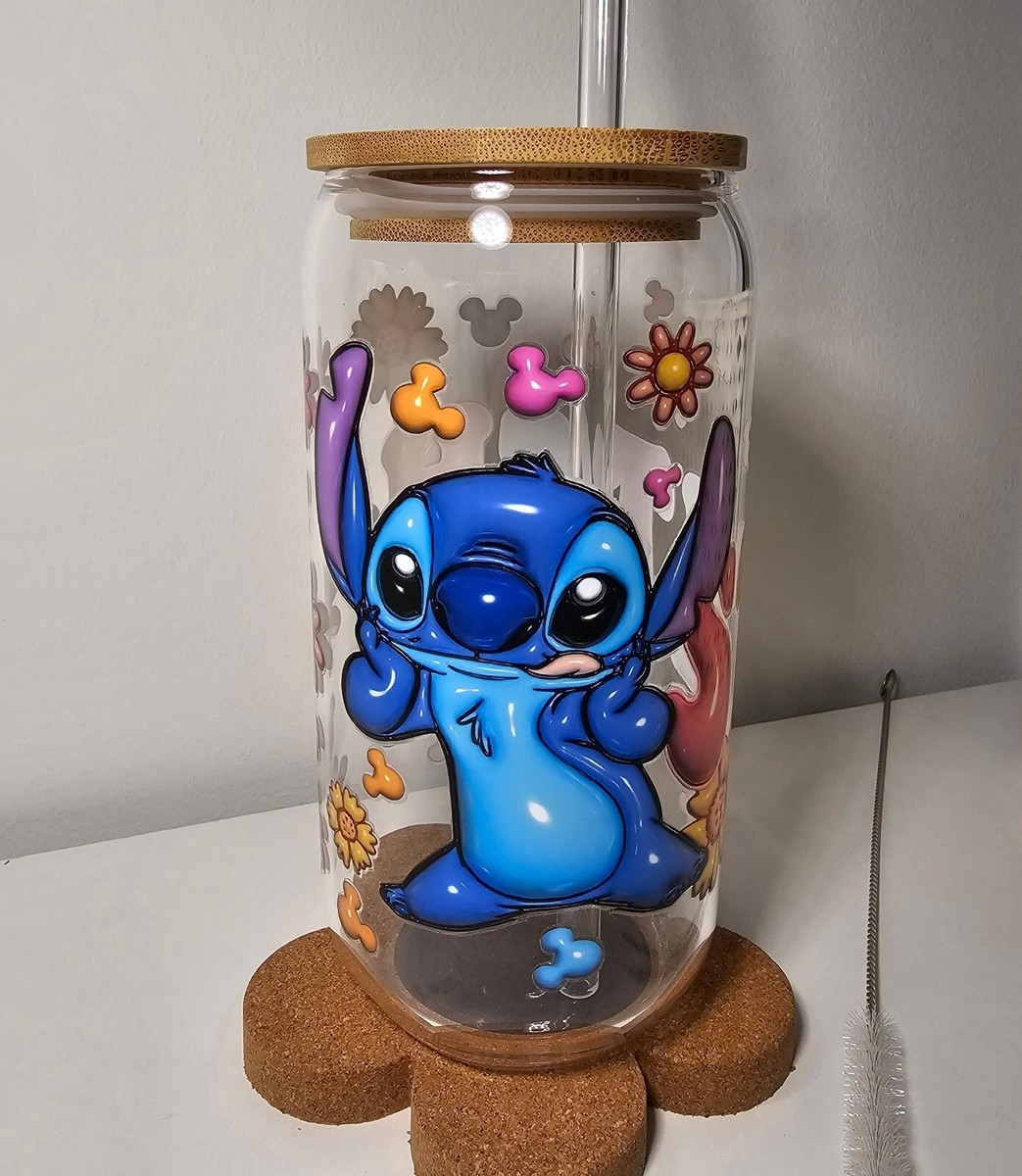 Disney STITCH 16oz Glass Cup With A Straw And Bamboo Lid And Brush | eBay UK