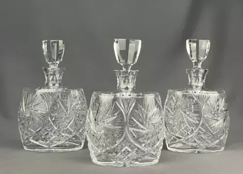 3 Heavy Cut Crystal Oval Whiskey Spirit Decanters w/Stoppers Pinwheel Star