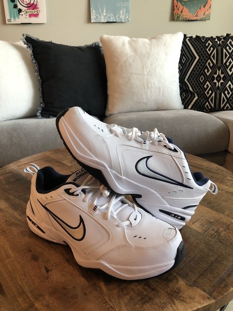 Nike Air Monarch IV Men's Athletic Shoes - White/Midnight Navy/White/Metallic Silver, Size 9 4E 