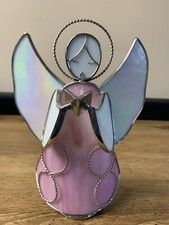 Stained Glass Angel Tea-Light Candle-Holder Caroling Christmas Pink White