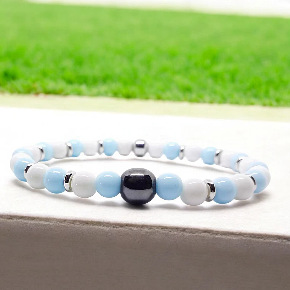 Bracciale SS LAZIO Bianco e Celeste Ematite Perle 6mm da Uomo Donna braccialetto - Immagine 2 di 4