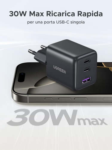 UGREEN Caricatore USB C 30W, Alimentatore Iphone a 3 Porte (2C+1A) Gan II, Caric - Zdjęcie 3 z 12