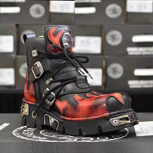 New Women Punk Rock Platform Motorcycle Boots,Lace Up Metal Genuine Leather Men - Zdjęcie 2 z 14