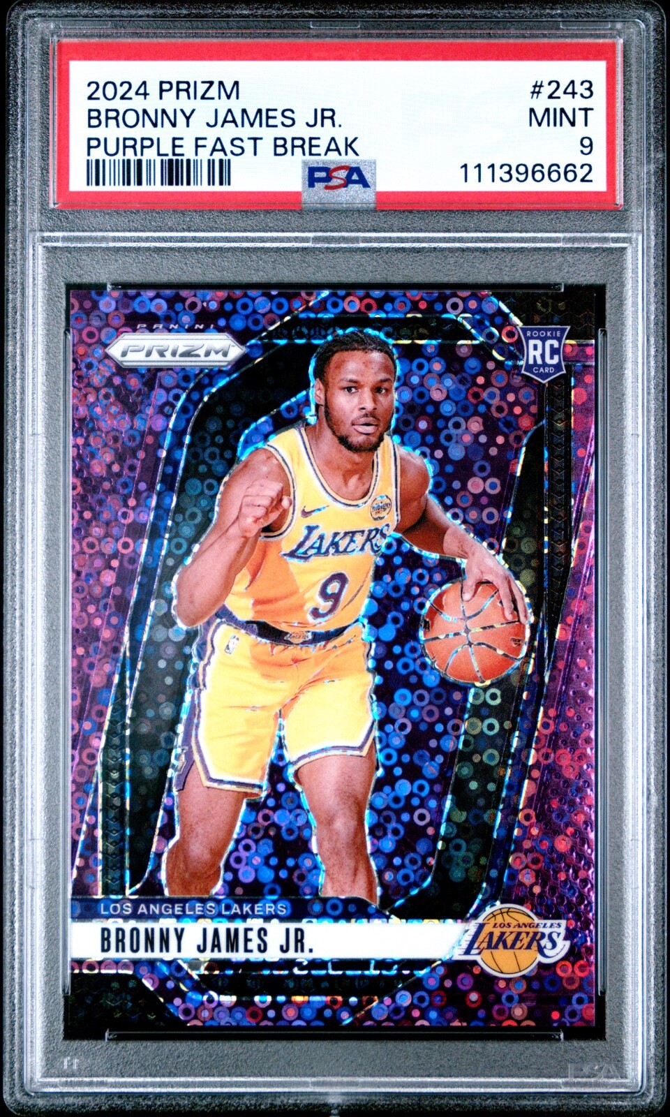2024 Panini Prizm /75 Bronny James Rookie Purple Fast Break Prizm #243 - PSA 9