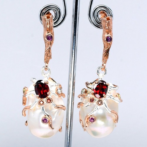 π Natural Pearl & Gemstone Earring in 925 Sterling Silver (White & Pink Plated) - Picture 7 of 10